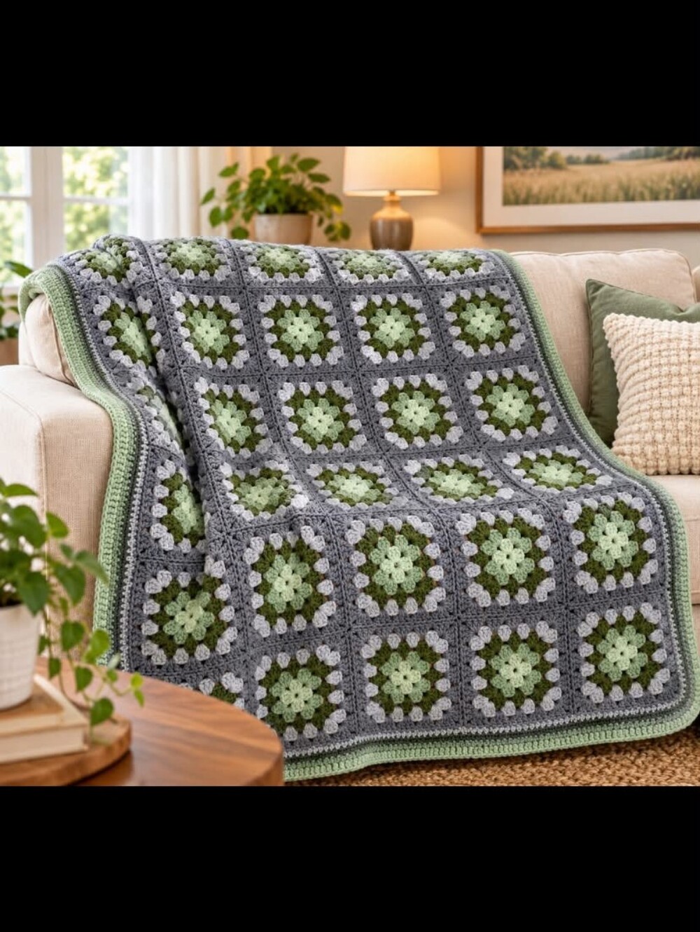 Handmade Crochet Granny Square Afghan Blanket Green Gray Boho Throw 47x68